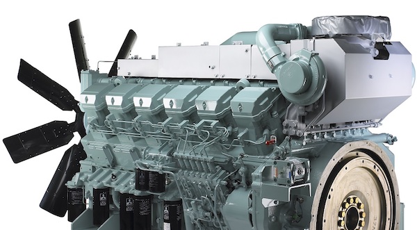 An engine provided by Mitsubishi, in a light teal color with a gold plate.